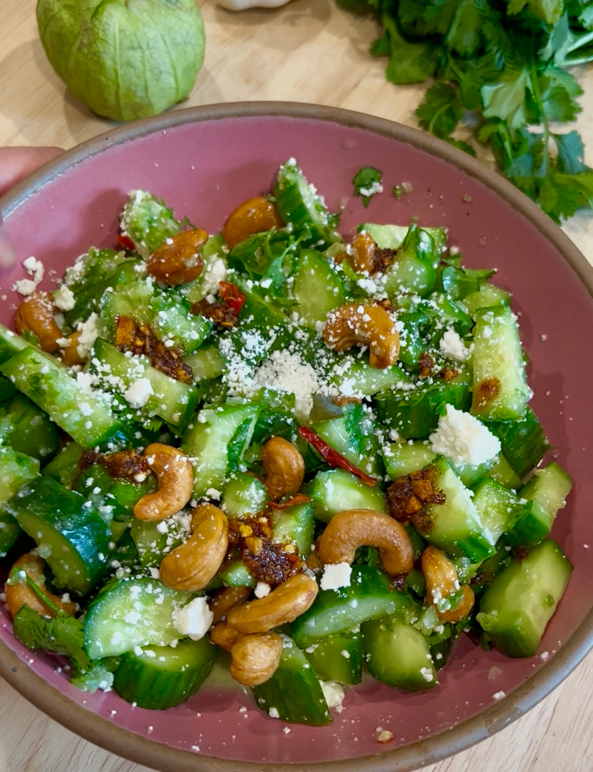 Crunchy Cucumber Salad with Tomatillo Jalapeno Dressing and Chili Lime Cashews