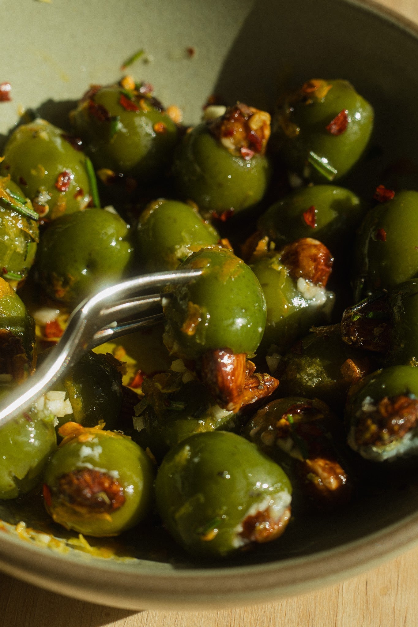 Stuffed Green Olives with Rosemary Maple Almonds