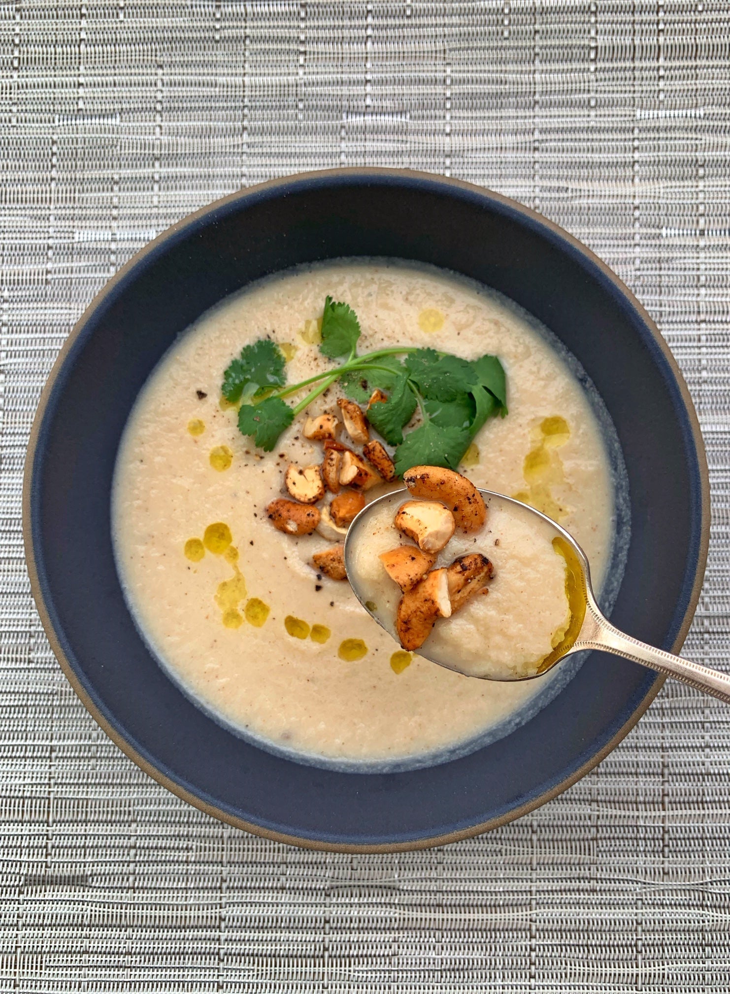 Roasted Cauliflower Soup with Black Pepper Cashews