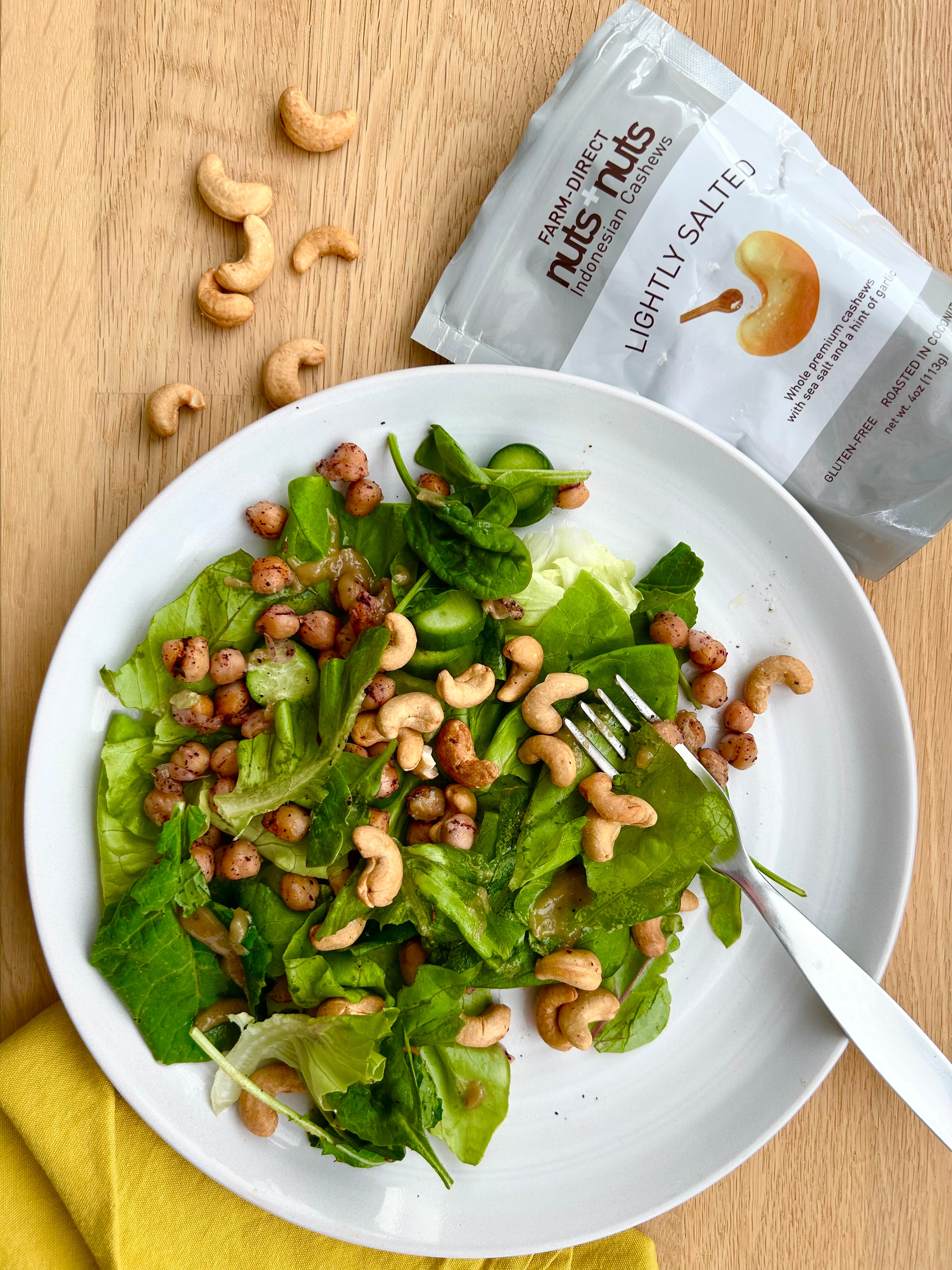 lightly salted Indonesian cashews with salad