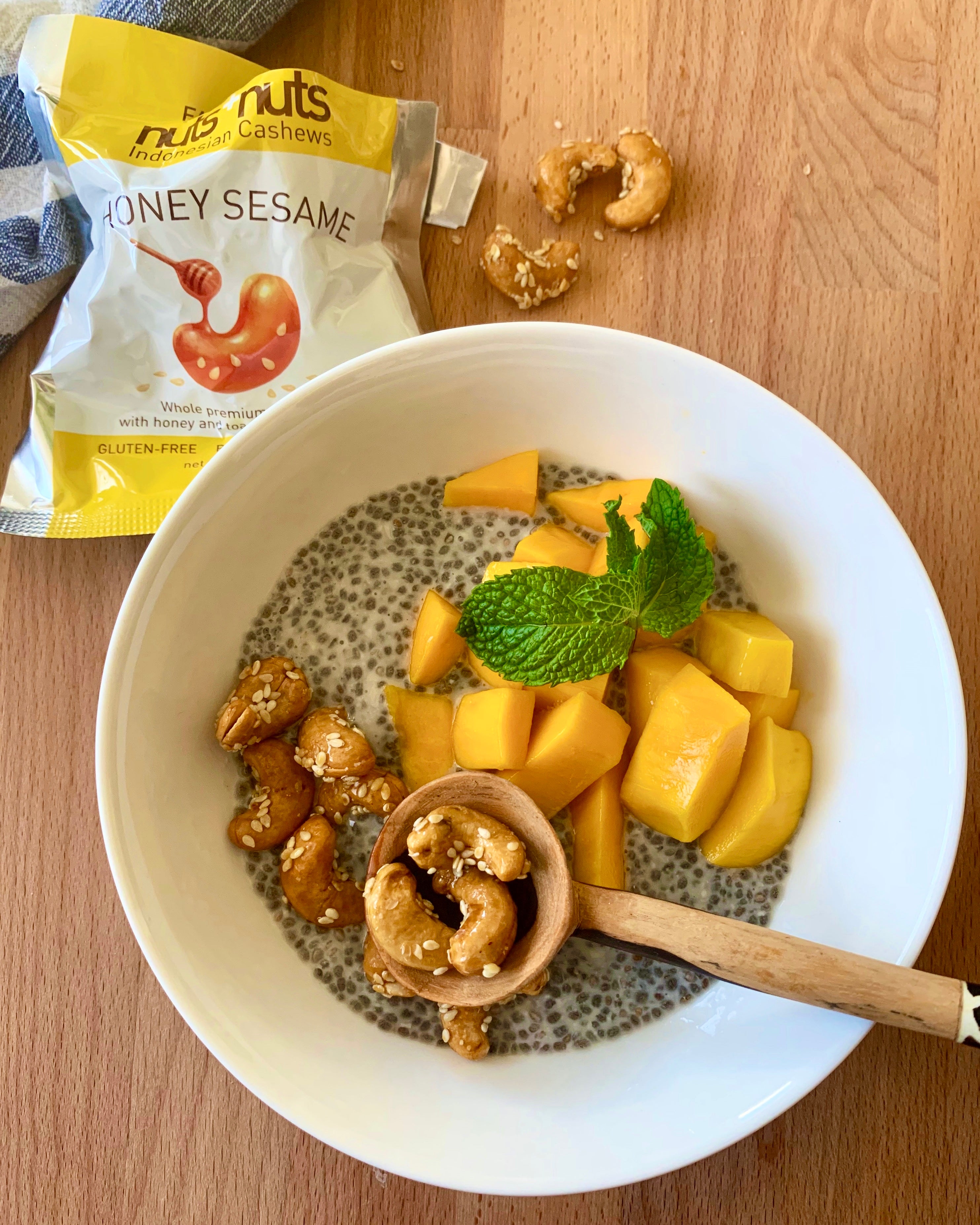 Honey Sesame Cashews on top of chia seed pudding