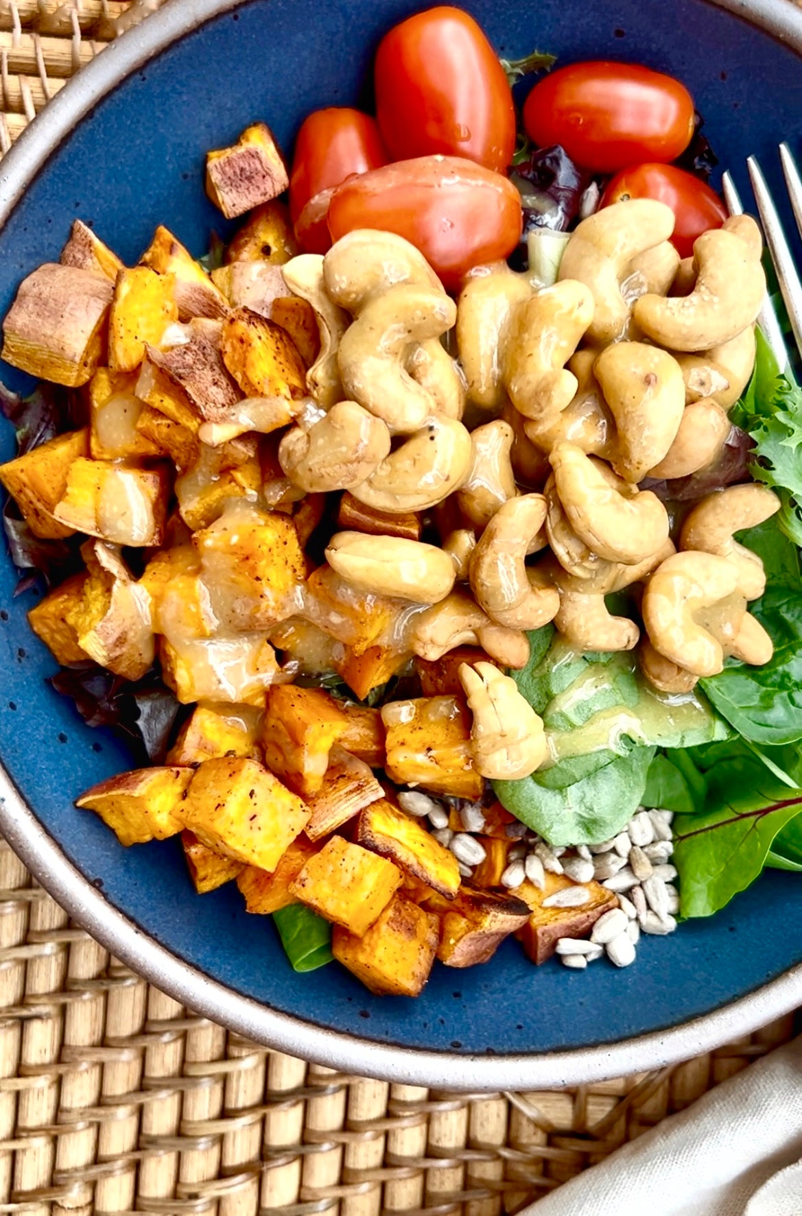 sweet and salty Indonesian cashews with salad