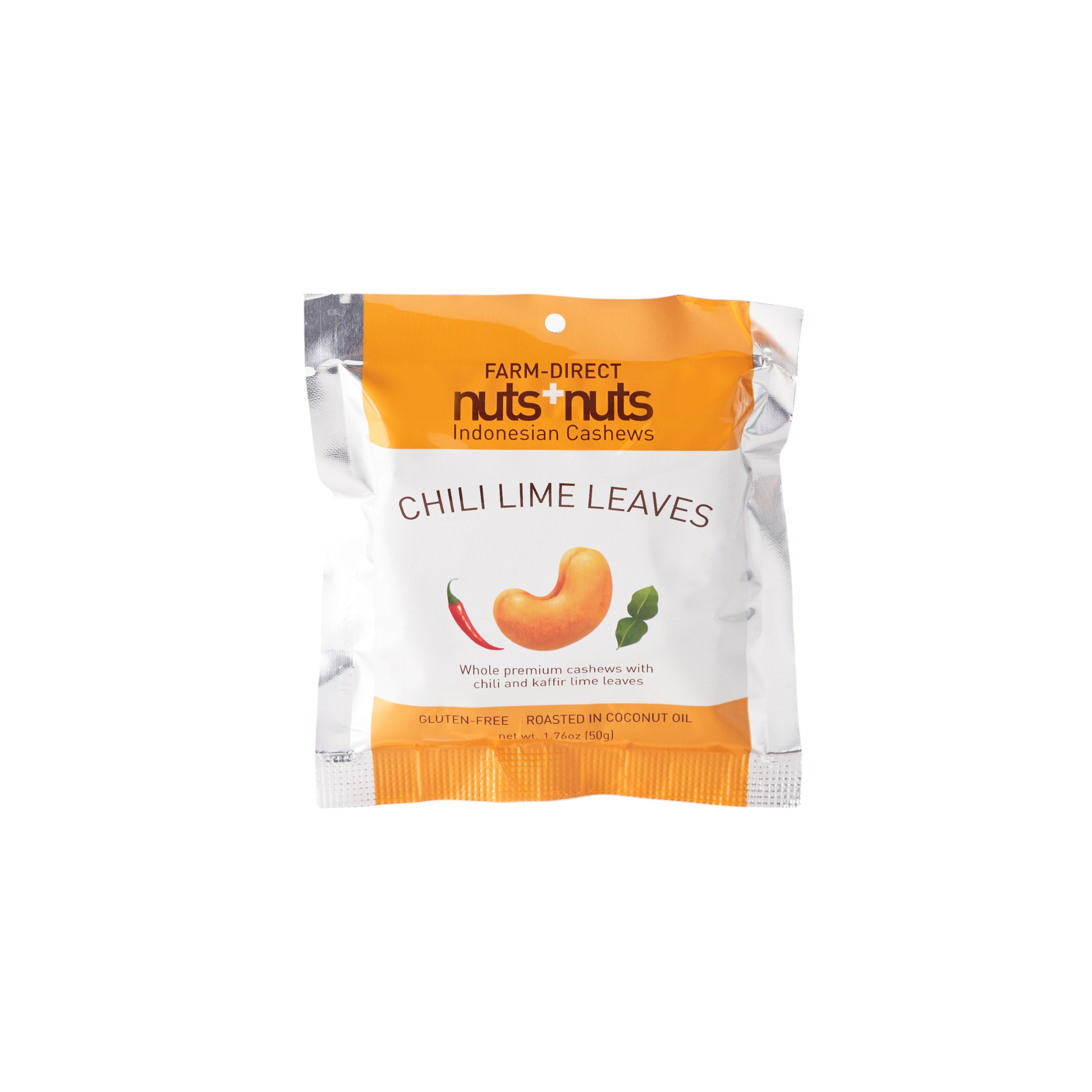 Packaged snack with "Nuts Nuts Chili Lime Leaves" on a white background
