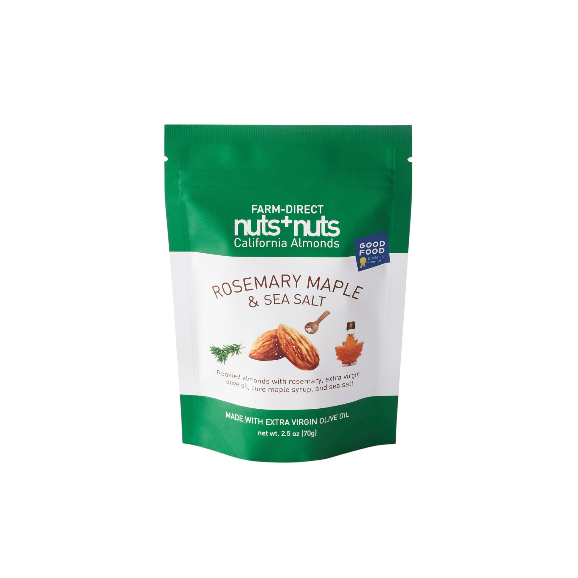 Packaging of Nuts+Nuts Rosemary Maple & Sea Salt California Almonds on a white background