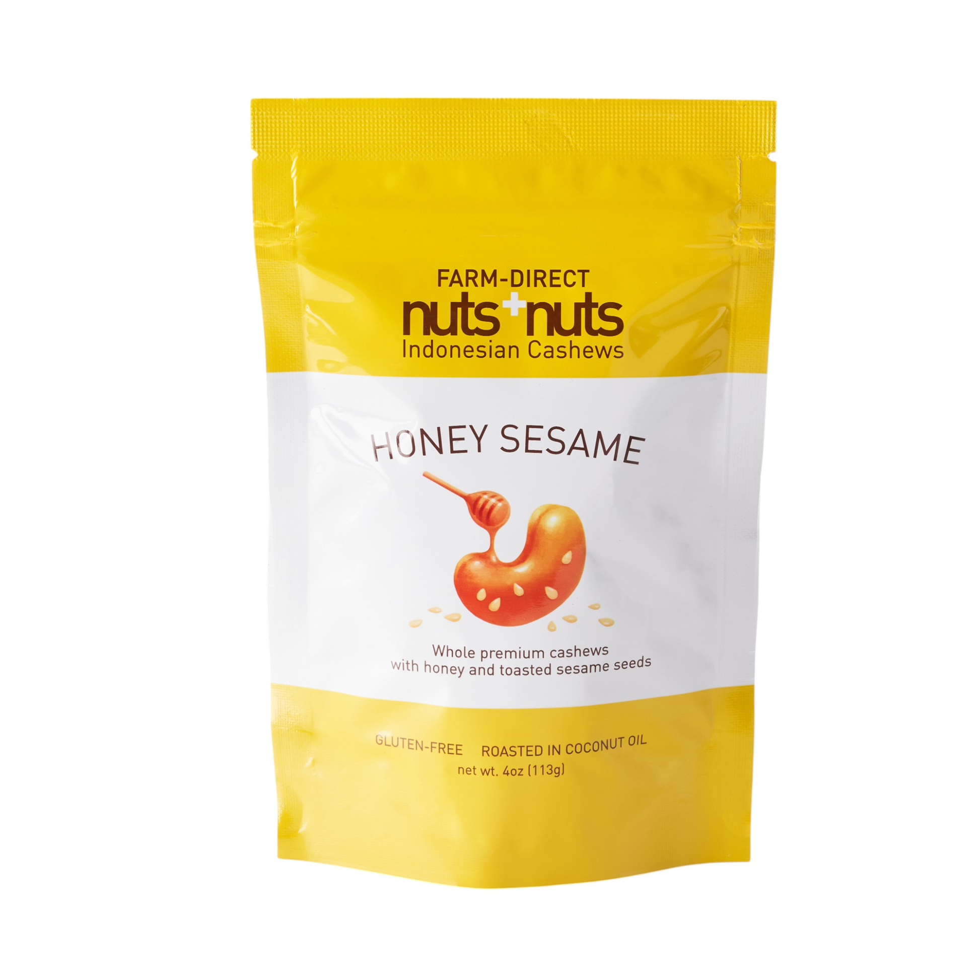 Packaging of Nuts & Nuts honey sesame cashews on a white background