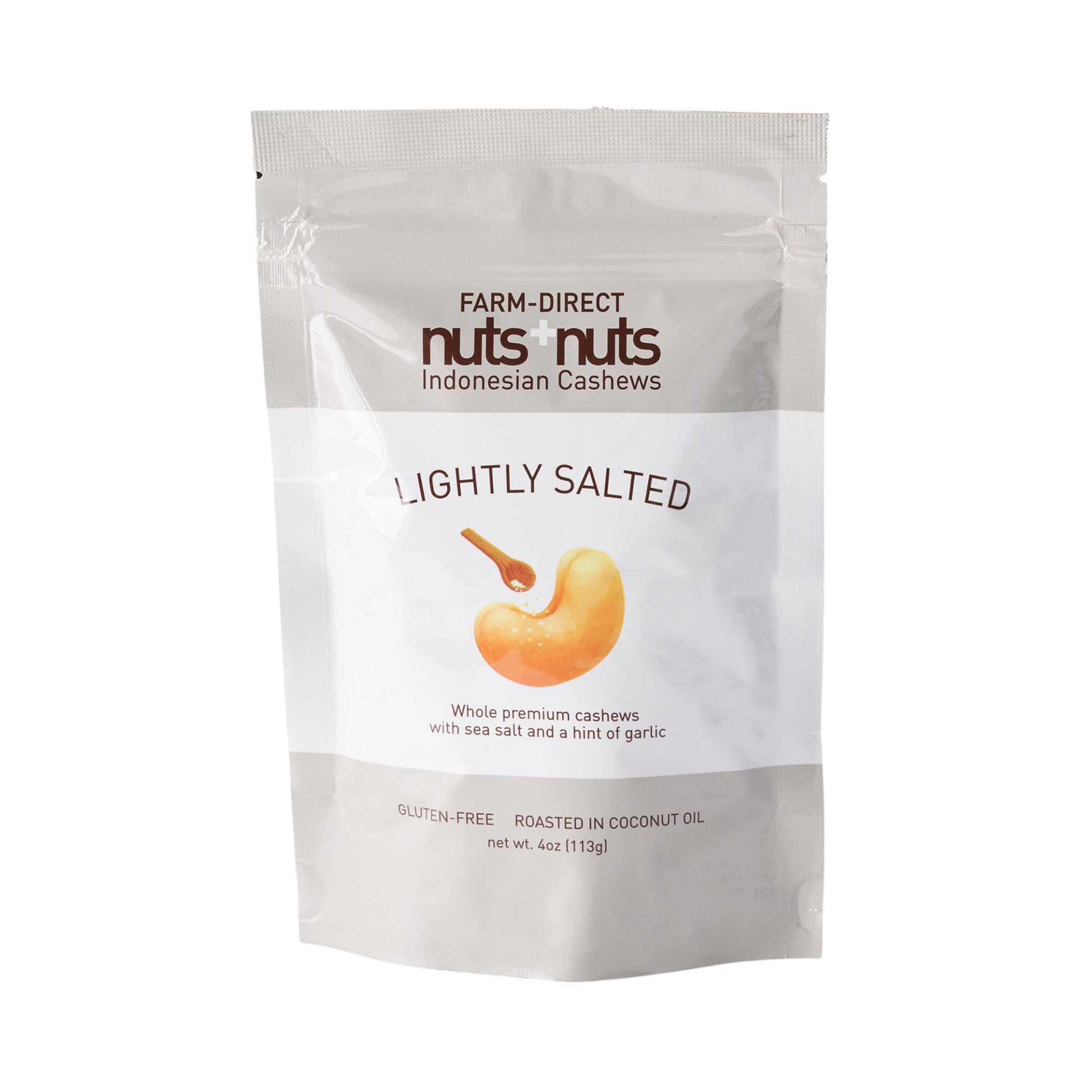 Package of Nuts+Nuts Lightly Salted Indonesian Cashews on a white background
