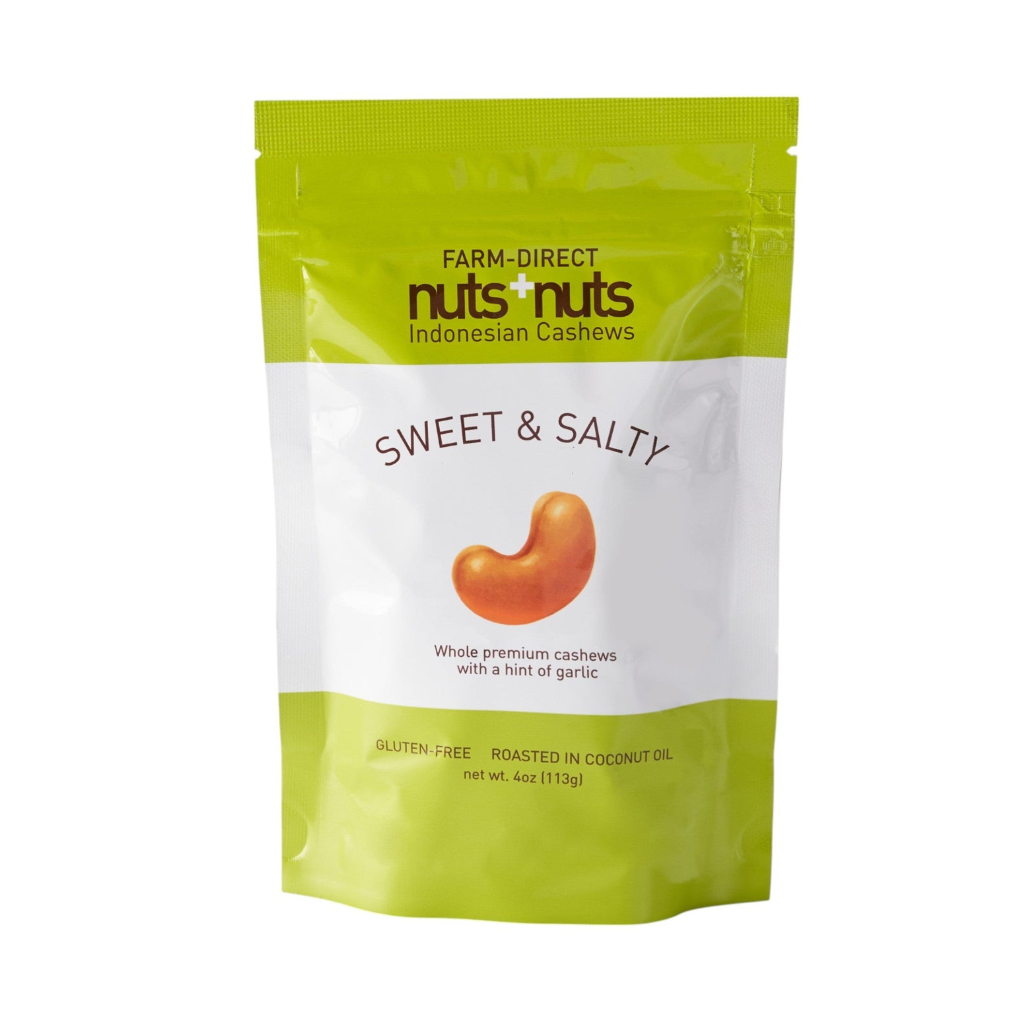 Packaging of Nuts & Nuts Indonesian Cashews in sweet and salty flavor on a white background