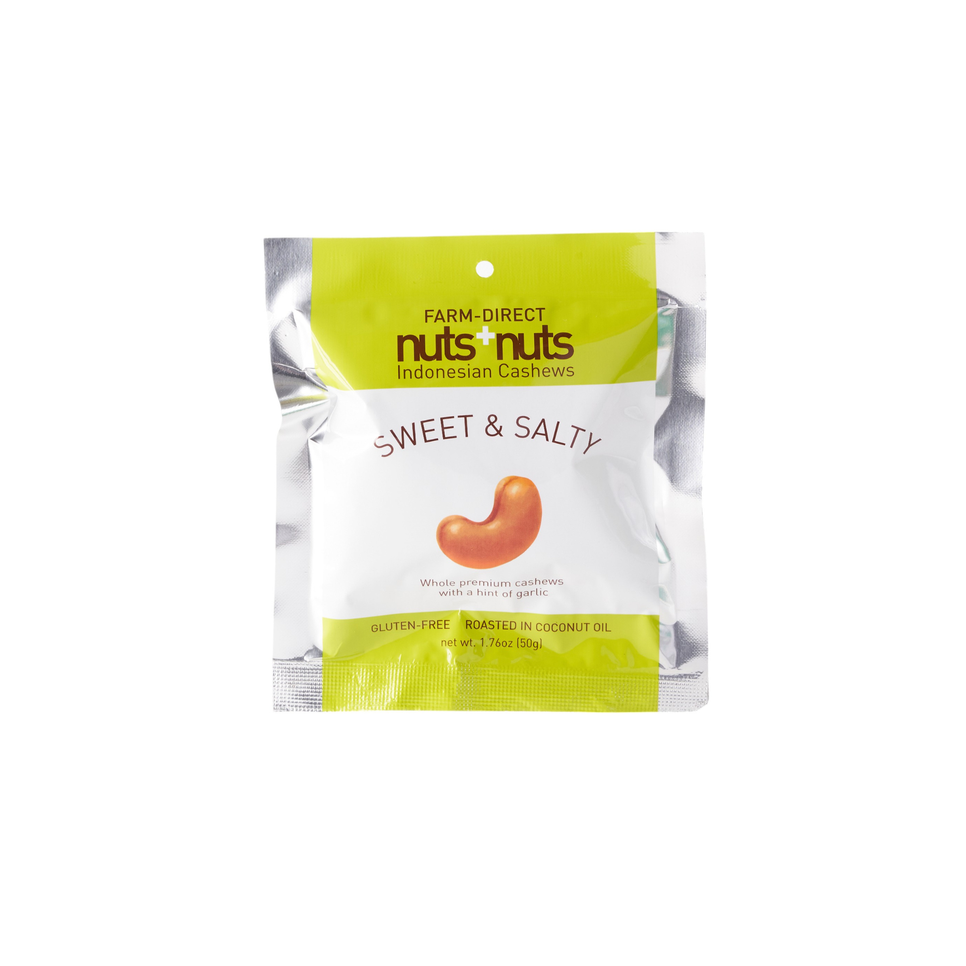 Packaged snack labeled 'Nuts & Nuts Sweet & Salty' on a white background